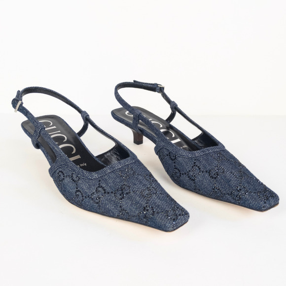 GUCCI Blue Denim GG Crystal Monogram Demi Slingback Pump Women's EU 38 / US 8 - Picture 2 of 13
